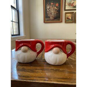 Set Of 2 Red & White Gnome Ceramic Mugs